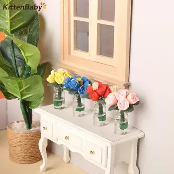 1 бр., куклена къща 1:12, миниатюрни розово растение в саксия, цветя във ваза, модел градина, играчка за дома, аксесоари за кукла къща