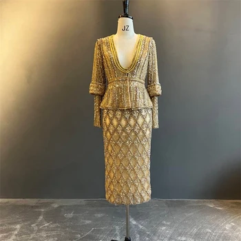 100%реални снимки فستان سهرة цвят на злато от две единици тежки кристални мъниста, вечерни и абитуриентски сватбени и вечерни рокли vestido de Noche