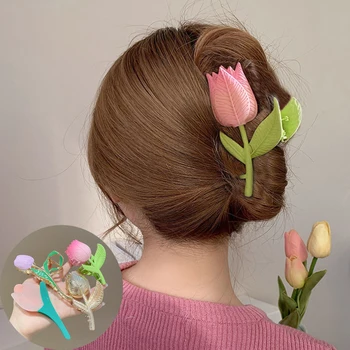 2023 Корейската мода Розово 3D лале Нокти за коса на жената Момичета Лято Акула Клип Аксесоари за коса, Листа, цветя опашка градиент