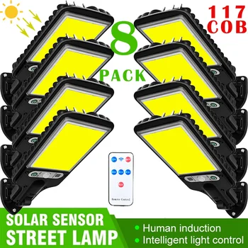 8 Опаковки Външни Led Соларни Улични Лампи 117 COB Безжични Слънчеви Лампа, 3 режима на Сензор за Движение Сигурност Осветителни тела за Градина, Двор Пътека