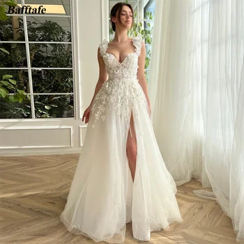 Bafftafe 3D цветя, бродирани мъниста сватбена рокля на булката, бохо-бретельки, дантелени сватбени рокли за партита с цепка отстрани, жена официална сватбена рокля 2023