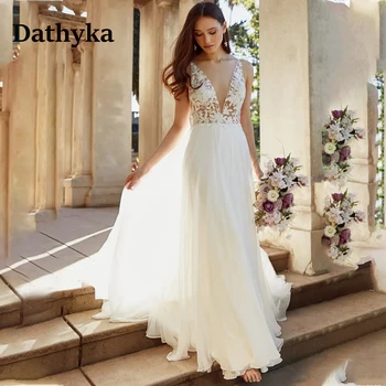 Dathyka Елегантни шифоновые сватбени рокли за жени с дълбоко V-образно деколте, влак, аппликацией на бретелях, с нос по индивидуална заявка