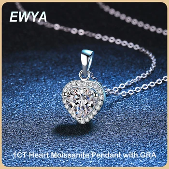 EWYA Луксозно колие с отложено във формата на сърце от муассанита с тегло 1 карат за влюбени жени, сребърни колиета с диаманти от сребро S925 проби, подарък