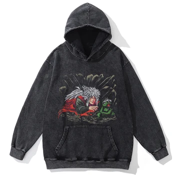 Hoody оверсайз, мъжки выстиранная черна hoody в стил хип-хоп, пуловер с шарени аниме Наруто, памучен градинска hoody Harajuku