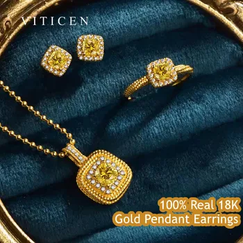 VITICEN Истинско злато 18 Карата, автентичен AU750, цитрин, диамантена огърлица, обеци, подарък за рожден ден за жена, съпруга, изискани бижута
