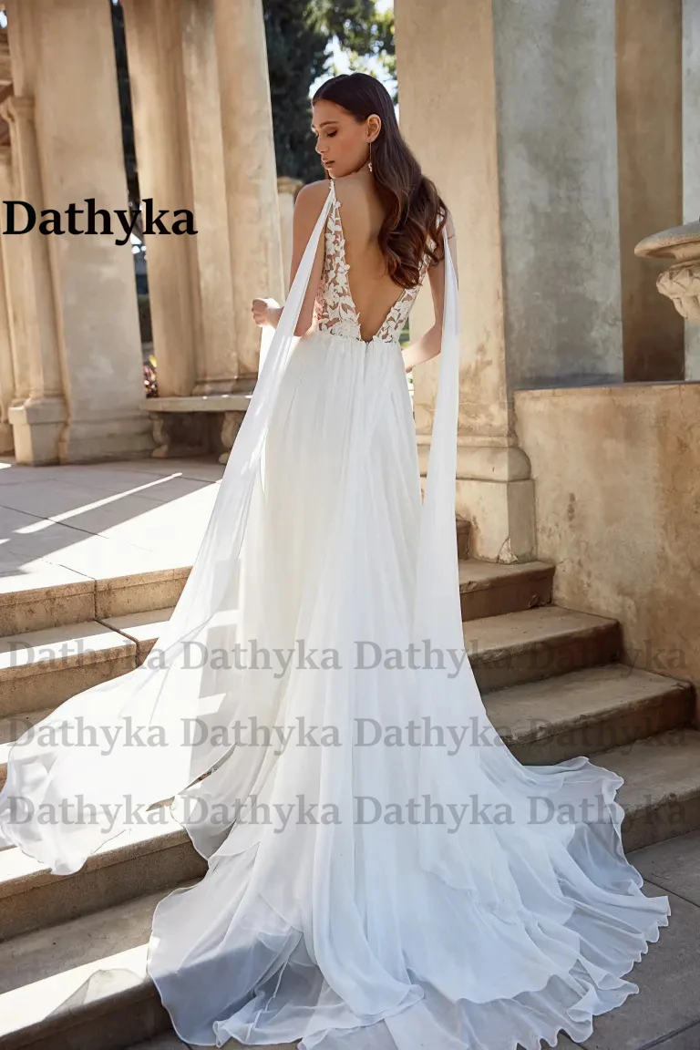 Dathyka Елегантни шифоновые сватбени рокли за жени с дълбоко V-образно деколте, влак, аппликацией на бретелях, с нос по индивидуална заявка . ' - ' . 1