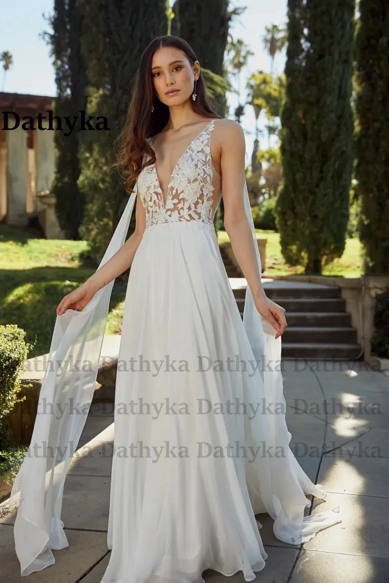 Dathyka Елегантни шифоновые сватбени рокли за жени с дълбоко V-образно деколте, влак, аппликацией на бретелях, с нос по индивидуална заявка . ' - ' . 2