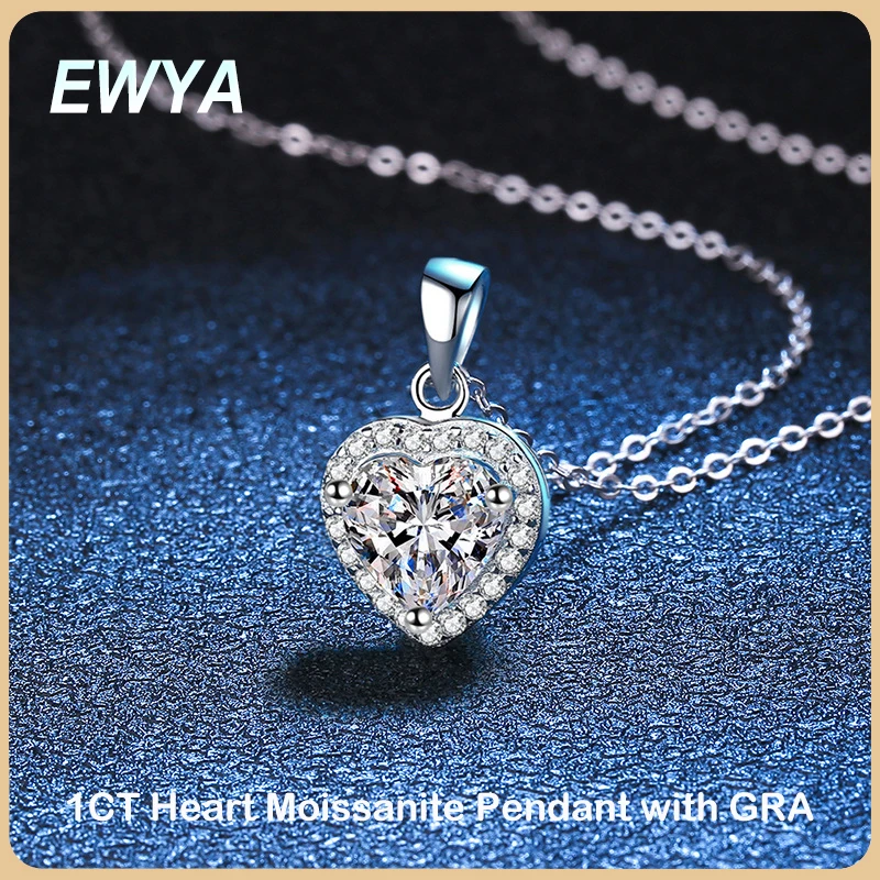EWYA Луксозно колие с отложено във формата на сърце от муассанита с тегло 1 карат за влюбени жени, сребърни колиета с диаманти от сребро S925 проби, подарък . ' - ' . 0
