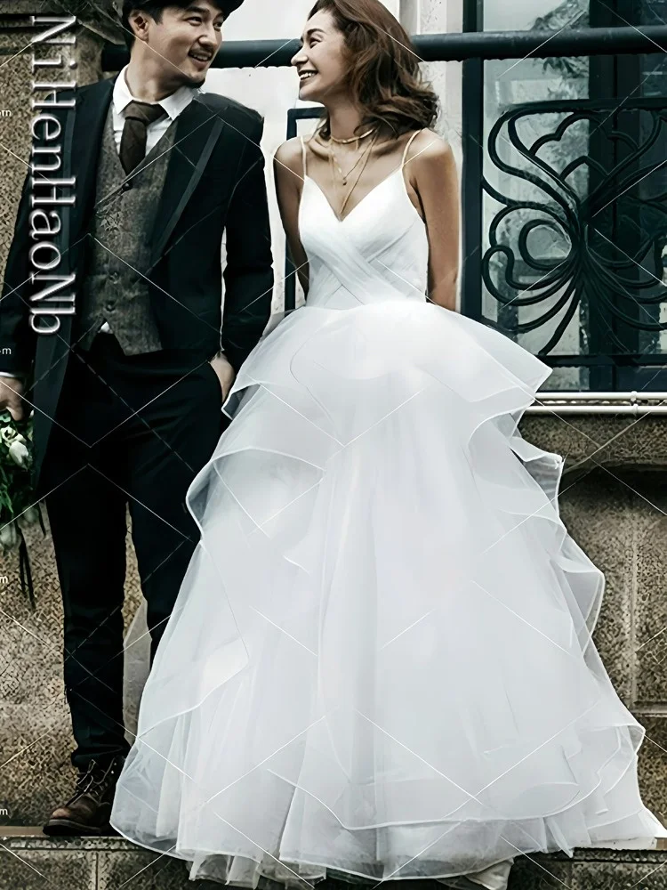 Бели сватбени рокли с волани, сладки бретельки-спагети, сладко сватбена рокля на принцеса, Vestidos De Новия 2023 . ' - ' . 0