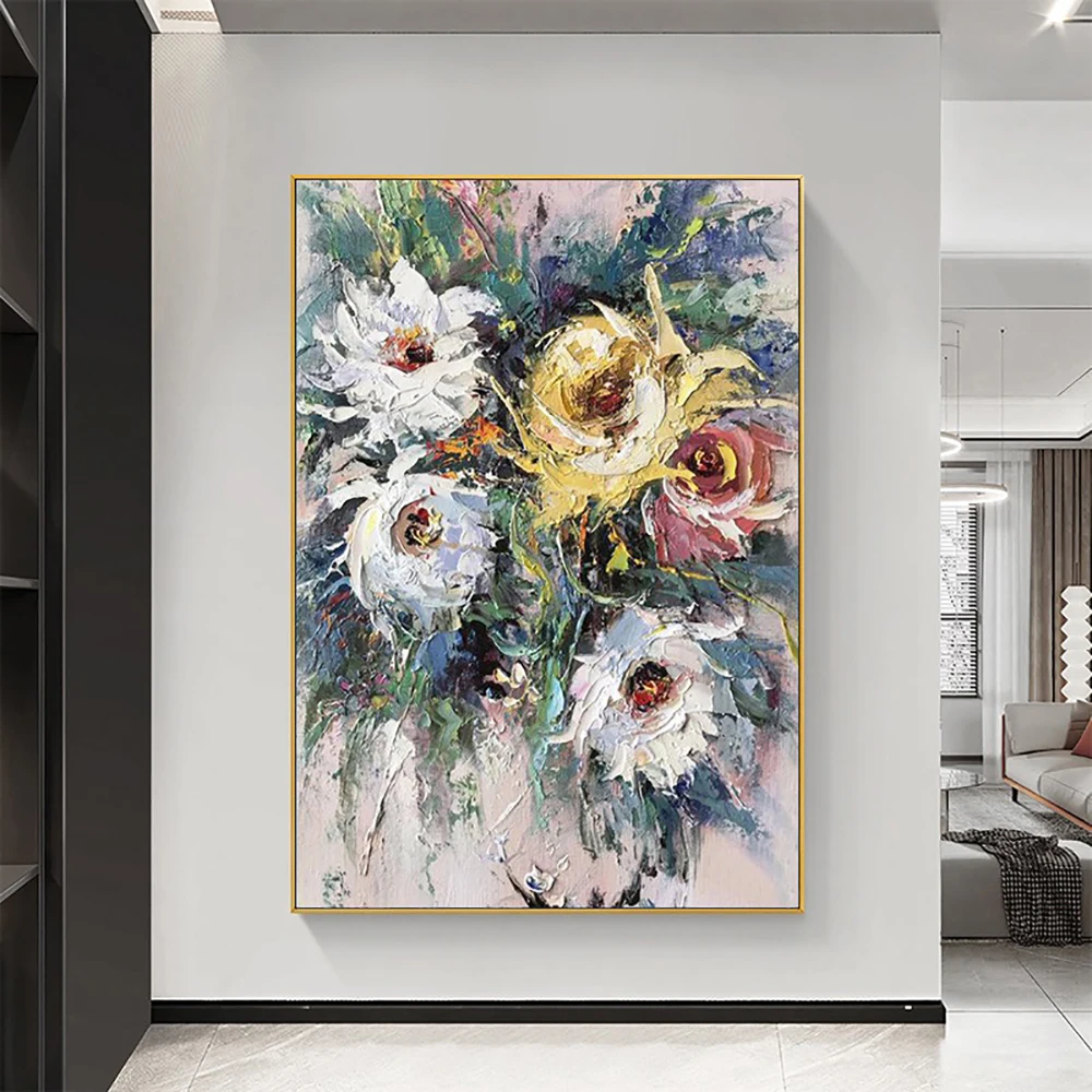 Голям абстрактен нож 3D цвете Живопис с маслени бои върху платно Абстрактен цвете ръчно изработени Картина на стената Украса за дома Изкуство . ' - ' . 0