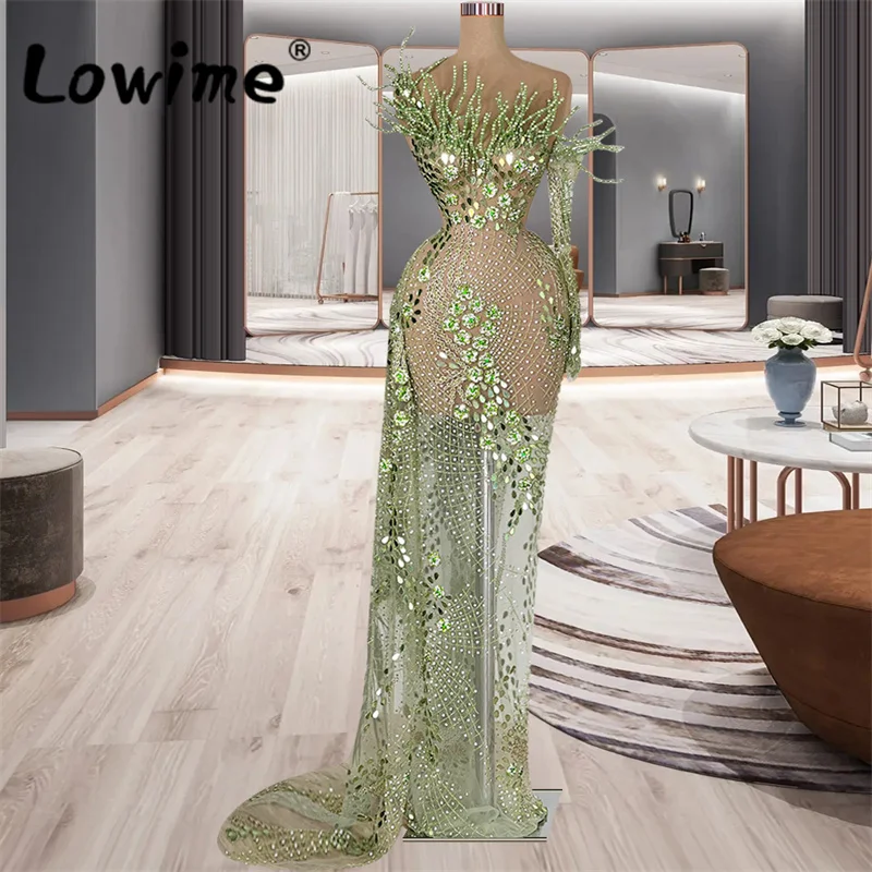 Зелени луксозни дамски вечерни рокли с тежки мъниста, 2023, халат за баня от висшата мода, дълга сватбена рокля знаменитост в Дубай, прозрачна рокля за бала . ' - ' . 0