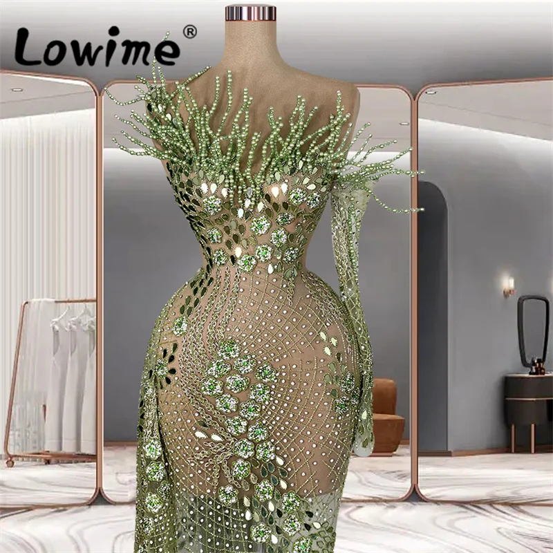 Зелени луксозни дамски вечерни рокли с тежки мъниста, 2023, халат за баня от висшата мода, дълга сватбена рокля знаменитост в Дубай, прозрачна рокля за бала . ' - ' . 1