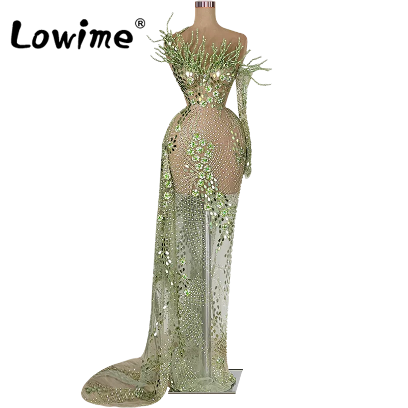 Зелени луксозни дамски вечерни рокли с тежки мъниста, 2023, халат за баня от висшата мода, дълга сватбена рокля знаменитост в Дубай, прозрачна рокля за бала . ' - ' . 2