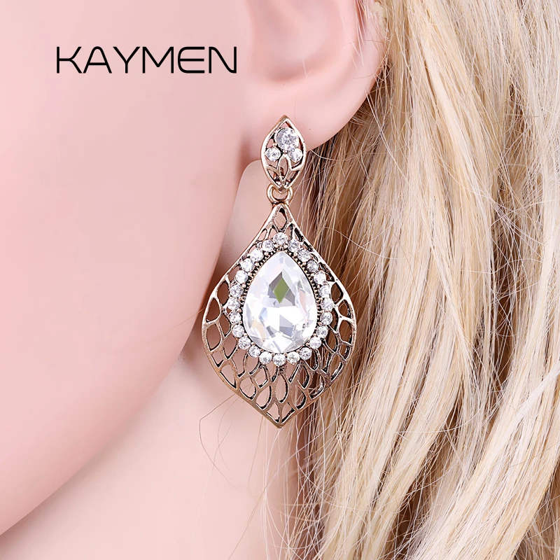 КАЙМЕН, модни дамски реколта обеци във формата на листа, инкрустирани кристали, антично златно покритие, ефектни обеци-обеци, модни бижута-обеци . ' - ' . 4