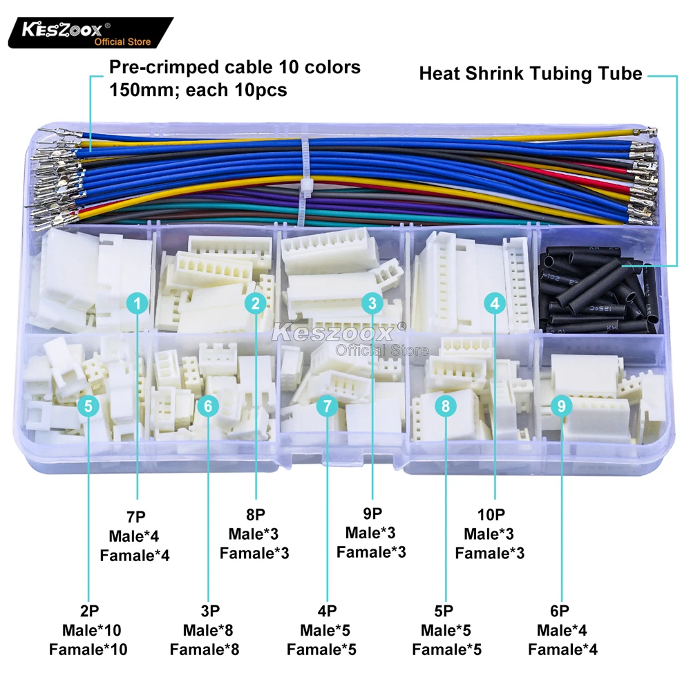 Комплект кабелни конектори Keszoox JST 2,5 мм XHP XH 2,54 с жак 2-10 P за мъже и жени с Предварително Обжатым кабел 22AWG XH-001T-P0.6 Терминал . ' - ' . 1