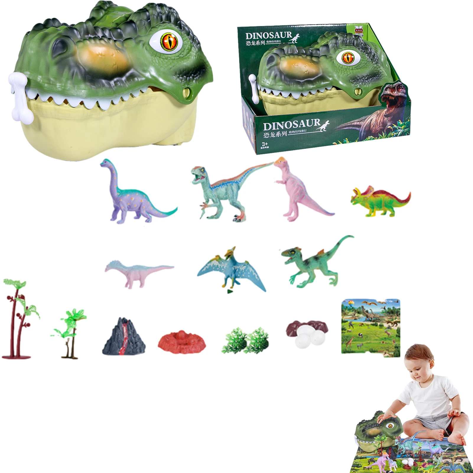 Набор от играчки с динозаври Портативен гейминг комплект с фигурки на динозаври с дървета, вулкан и глава на динозавър, кутия за съхранение, комплект играчки с динозаврите, за . ' - ' . 0