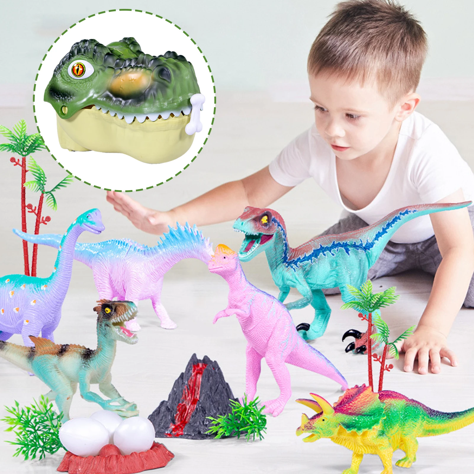 Набор от играчки с динозаври Портативен гейминг комплект с фигурки на динозаври с дървета, вулкан и глава на динозавър, кутия за съхранение, комплект играчки с динозаврите, за . ' - ' . 1