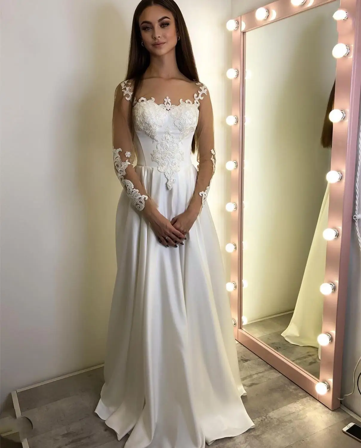 Сватбена рокля 2021 с дълъг ръкав и кружевными апликации, женски сватбена рокля с дължина до пода, придворен струята, Robe De Mariee, лъскав сатен . ' - ' . 0