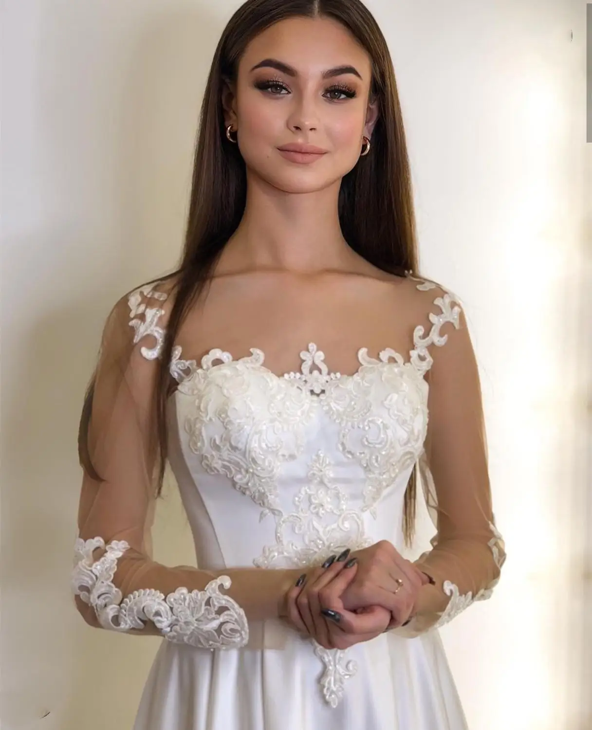 Сватбена рокля 2021 с дълъг ръкав и кружевными апликации, женски сватбена рокля с дължина до пода, придворен струята, Robe De Mariee, лъскав сатен . ' - ' . 1