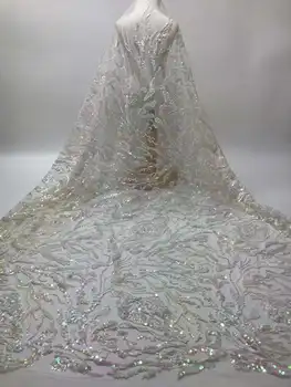 Африканска мрежа лейси плат с пайети 2023, благородна бяла лейси плат от френски тюл, пайетки за шивашки женските сватбени рокли