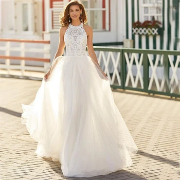 Буйни сватбени рокли с високо воротом, шифоновое елегантна сватбена рокля в стил бохо с отворен гръб, Vestido De Новия за жени