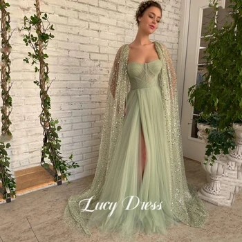 Вечерна рокля с шал от ръчно изработени Lucy, вечерни рокли за абитуриентски принцеса, зелени вечерни рокли, секси рокли за бала с цепка отстрани