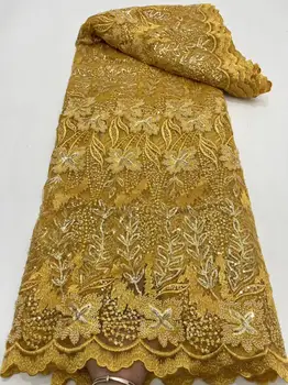 Висококачествена африканска лейси тъкани от тюл с мъниста, 5 ярда, френска бродерия, окото, пайети, сетчатое дантела за нигерийски сватбена рокля за младоженци