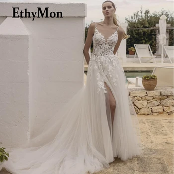 Дантелено сватбена рокля Ethymon с V-образно деколте, с разрезными апликации, без табли, на тънки спагети презрамки, Vestidos De Новия, по поръчка