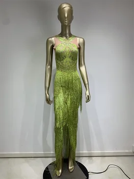 Зелена секси рокля за бала с кристали, дантелено рокля с пискюли за подиум, дълго Макси рокля за парти, коктейлна халат известни личности с висока засаждане