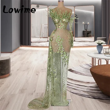 Зелени луксозни дамски вечерни рокли с тежки мъниста, 2023, халат за баня от висшата мода, дълга сватбена рокля знаменитост в Дубай, прозрачна рокля за бала
