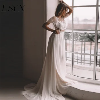Илюзия LSYX лъжичка с висока странична цепка от тюл, бохо сватбена рокля за жените шифон отворена върти апликация линия почистване влак сватбена рокля 