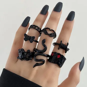 Комплект пръстени в стил пънк, хип-хоп, черна змия, комплект за жени, годината на реколтата, готически пръстени във формата на сърце, на кръст, пеперуда, моден тренд, индивидуални бижута, подаръци