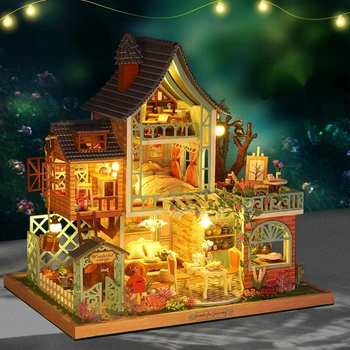 Комплекти дървени модели на куклени къщички, миниатюрни мебели, осветление, голяма вила, розовата къща, вила 