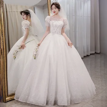 Лесно сватбена рокля с къс ръкав 2023, нови сватбени рокли в дворцов стил, френската луксозна блестяща бална рокля, булчинска рокля на принцеса