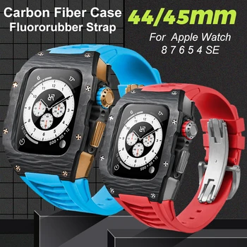 Луксозен калъф от въглеродни влакна за Apple Watch Band 45 мм, 7 и 8 от Неръждаема Стомана за Iwatch Series 6 5 4 SE 44 мм Сам Modification Kit