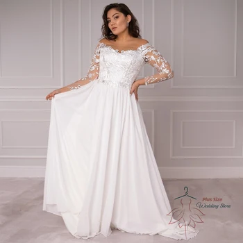 Луксозна сватбена рокля в голям размер за булката с дълъг ръкав, дантела, рокля за булката, лейси апликация, трапециевидный струята, Robe De Mariée