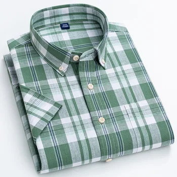 Лятна стилна мъжка риза от памук и лен, зелена клетка с къси ръкави, ежедневни дишаща удобна однотонная мъжки дрехи копчета