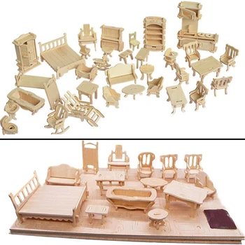Миниатюрен 1:12 Куклена Къща, Мебели за Кукли Мини 3D Дървен Пъзел DIY Модел на Сградата Играчки за Детски Подарък