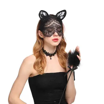 Модерен секси дамска превръзка на главата, лейси завесата с кошачьими уши, черна маска на очите, шапки за парти в чест на Хелоуин, шапки за cosplay, аксесоари за коса