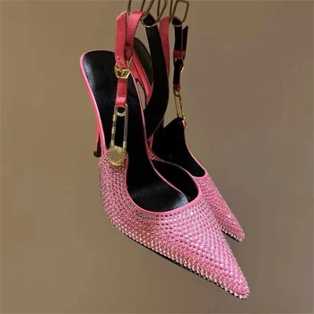 Модерни розови обувки-лодка с кристали, пикантен дамски обувки на висок ток с остър пръсти и диаманти, блестящи вечерни обувки с каишка отзад дамски модел обувки