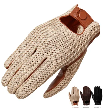 Мъжки класически къси ръкавици от естествена кожа в ретро стил, без подплата за шофиране, възли спортни ръкавици за езда, конен спорт, къси ръкавици за сензорен екран