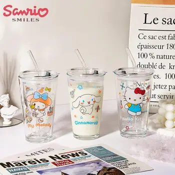 Нова Стъклена Слама Чаша Kawaii Sanrio Аниме Hello Kitty My Melody Kuromi Градуированная Чаша за мляко и Млечни Кафе Напитки с Капак с Голям Капацитет