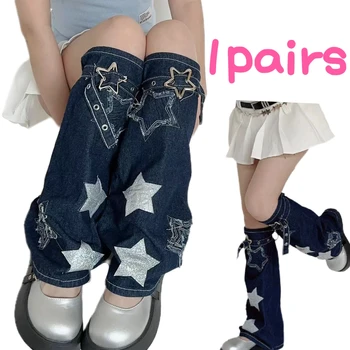 Нови 1 двойка леггинсов за момичета Y2K Spicy Girl Star, тъмно сини пера дънкови чорапи, комплект модни регулируеми чорапи със средна ръкав