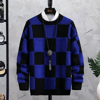 Нови есенно-зимни мъжки пуловери в корейски стил, пуловери, висококачествен дебел топъл вълнен пуловер, мъжки луксозни пуловери в клетката