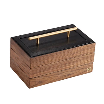 Правоъгълна кутия за съхранение на Многофункционална кутия за съхранение на украсата Многослойна дървена кутия от черен орех с ключалка