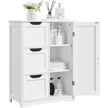 Прибиращ дървен шкаф за съхранение в банята с регулируеми чекмеджета за антре в хола, бял