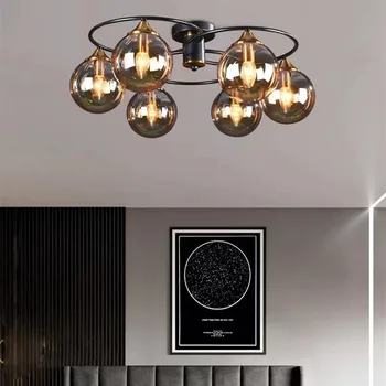 Промишлен тавана лампа, опушен-сив амбър стъклена топка, лампа за фоайе, артистичен дизайн, лампа в стил loft, черен метален кухненски лампа