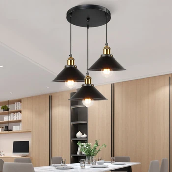 Ретро промишлени вентилатори полилеи, железни висящи лампи E27 за кухни, спални, ресторант, дом, черно окачен лампа на 2/3 от главата