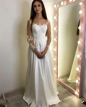 Сватбена рокля 2021 с дълъг ръкав и кружевными апликации, женски сватбена рокля с дължина до пода, придворен струята, Robe De Mariee, лъскав сатен