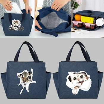 Случайна чанта-хладилник за обяд, серия Picnic Котка, женски преносими многофункционални чанти за вечеря голям капацитет, ученически термоупаковки за хранене